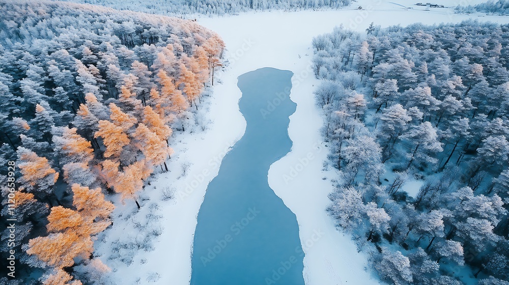 Poster meandering icy river through snowy forest creating unique riverbend in winter wonderland : generativ