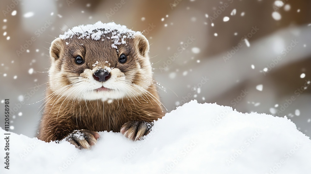 Poster cute otter peeking through snow covered landscape with falling flakes : generative ai