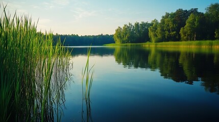 Fototapeta premium Serene Lake with Tall Reeds and Reflective Water Surrounded by Forest : Generative AI
