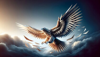 A majestic origami eagle soars through stormy clouds