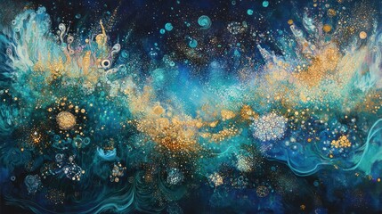 Fototapeta premium A vibrant abstract artwork featuring swirling colors and cosmic elements.
