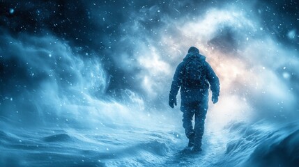 Obraz premium A lone figure walks through a snowy landscape, enveloped in a stormy, ethereal atmosphere.