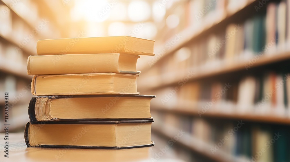 Poster stack of books in sunlit library represents knowledge education and reading culture : generative ai