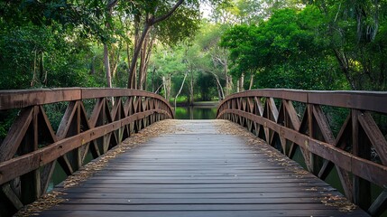 Fototapeta premium Tranquil Wooden Bridge Surrounded by Dense Green Forest for Nature Lovers : Generative AI