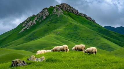 Fototapeta premium Serene Sheep Grazing on Lush Green Mountain Pasture