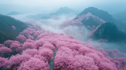 Peaceful countryside trail with vibrant cherry blossoms