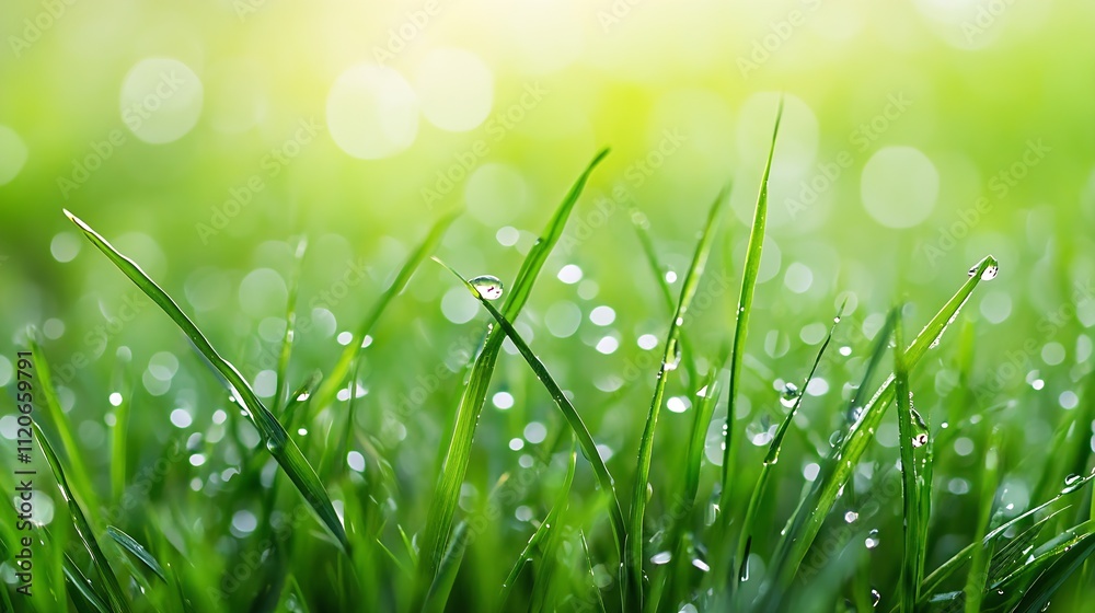 Poster closeup of fresh green grass with dew drops and blurred bokeh background : generative ai
