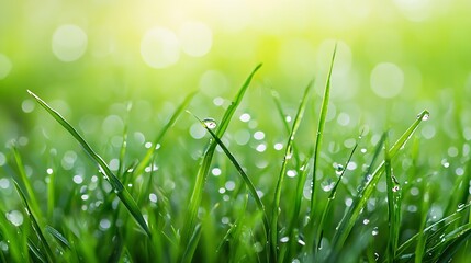 Fototapeta premium Closeup of fresh green grass with dew drops and blurred bokeh background : Generative AI