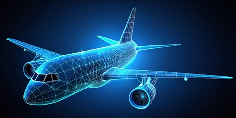 A sleek, low poly wireframe airplane embodies cutting-edge aviation technology, presented in a dazzling 3D neon style that transforms the concept of modern air travel.
