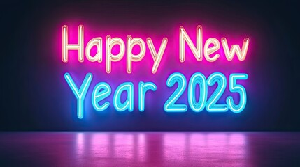 Neon sign displaying "Happy New Year 2025" in vibrant colors against a dark background.