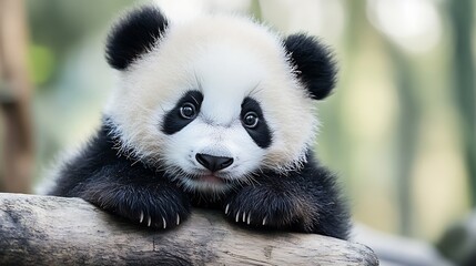 Fototapeta premium Adorable Baby Panda Resting Calmly on Wooden Log in Serene Natural Environment : Generative AI