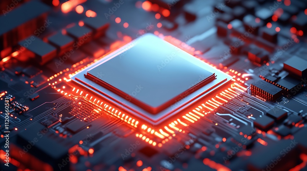 Aufkleber Hightech illuminated semiconductor on intricate motherboard for data processing : Generative AI