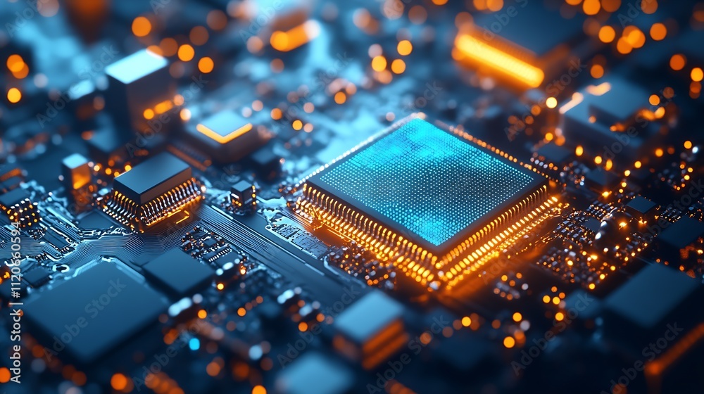 Aufkleber advanced microchip glowing in blue on a detailed electronic circuit board : generative ai