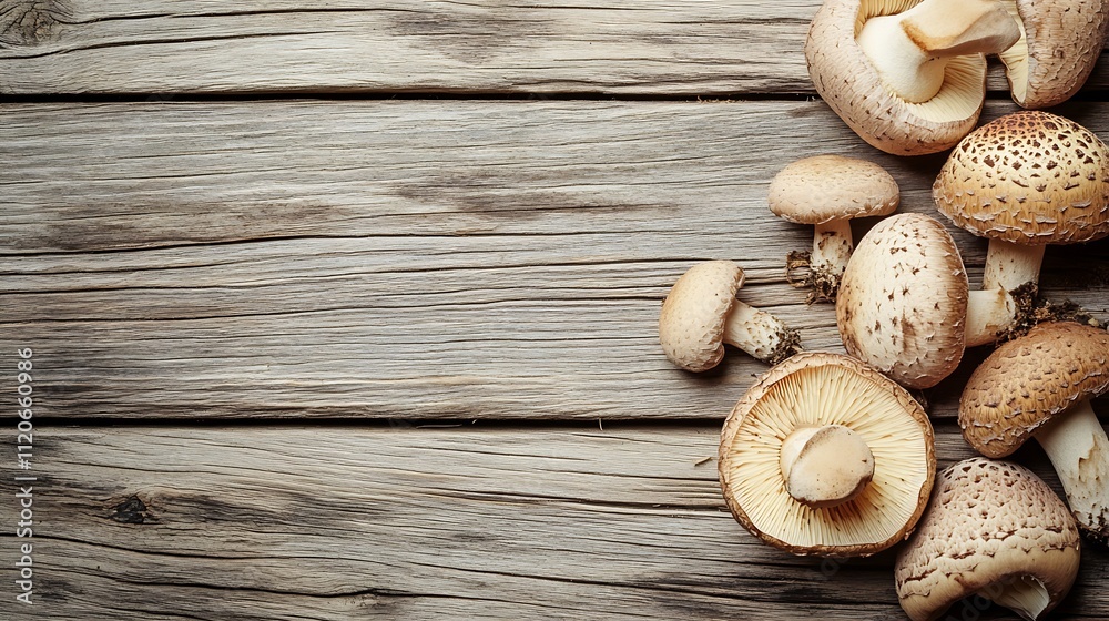 Poster closeup of freshly picked mushrooms on aged wooden table highlighting texture and detail : generativ