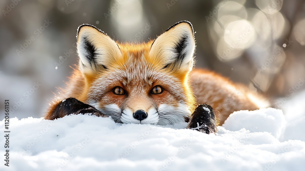 Poster adorable red fox resting in pristine snowy forest with warm winter light : generative ai