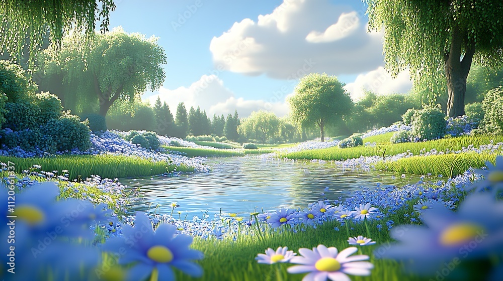 Poster blossoming meadow with daisies and weeping willow trees by a sunlit river : generative ai