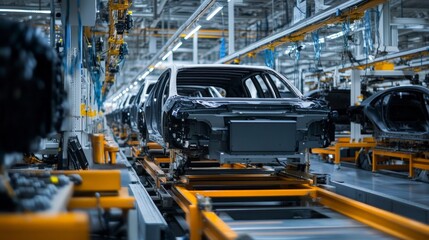 Clean energy factory with rows of electric vehicle batteries being assembled