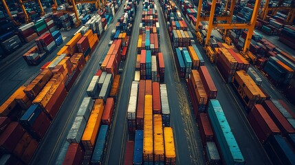 Obraz premium Top View of Vibrant Shipping Containers in a Massive Port Facility : Generative AI