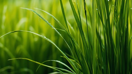 Closeup of Fresh Vibrant Green Grass Stems with Morning Dew Droplets in Spring : Generative AI