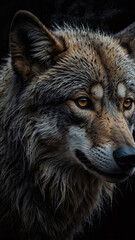 Majestic Wild Wolf Staring Into the Darkness Captured in High Quality Professional Photography with Abstract Dark Background and Dramatic Artistic Effects