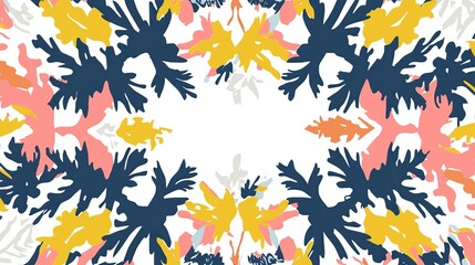 A colorful floral pattern featuring abstract leaves and shapes on a white background.