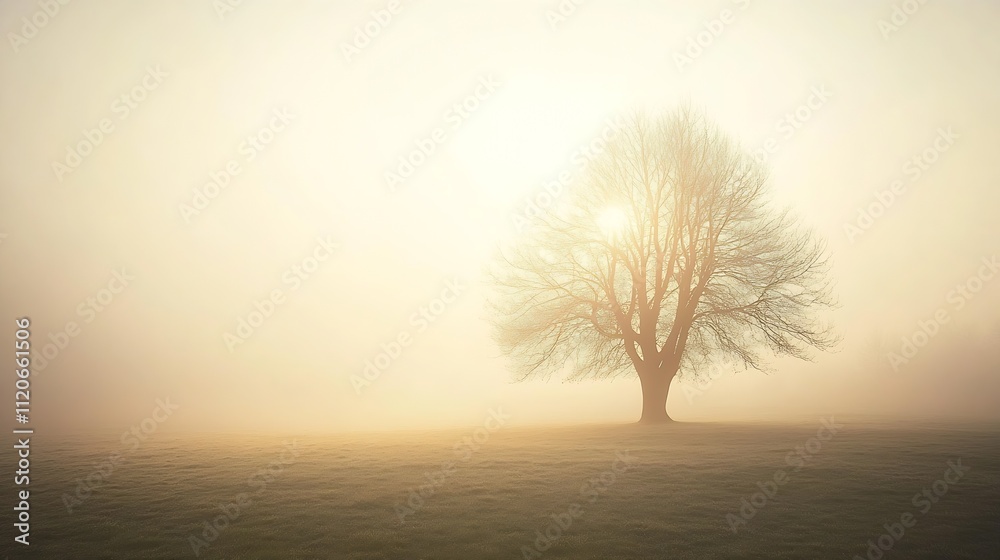 Poster Lonely Tree in Misty Morning Field with Soft Warm Light : Generative AI