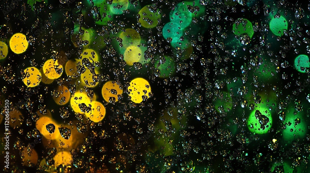 Poster Raindrops on Glass with Vibrant Green and Yellow Bokeh Lights for Abstract Background : Generative AI