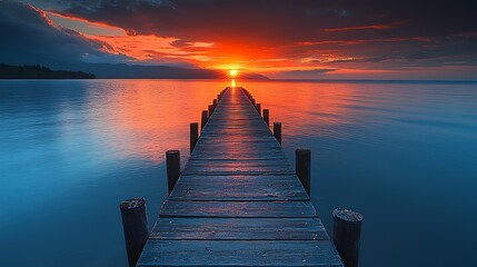 Obraz premium Red and Orange Sunset Over Calm Ocean Narrated by a Wooden Pier in Foreground : Generative AI