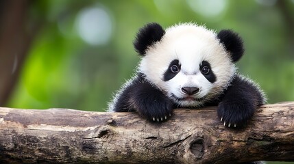 Naklejka premium Cute Panda Cub Peeking Over a Tree Branch with Greenery : Generative AI