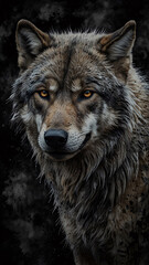 Fototapeta premium Mystic Wild Wolf Staring into the Unknown Dark Abstract Background with Professional Artistic Photography Elements