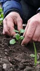 Close-up of hands planting a seedling in soil, representing eco-friendly farming practices