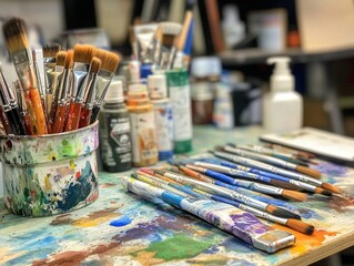 Fototapeta premium Collection of watercolor brushes and paint tubes on a desk, ready for a vibrant artwork