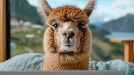 Obraz premium Adorable Alpaca Relaxing Indoors with Mountain View