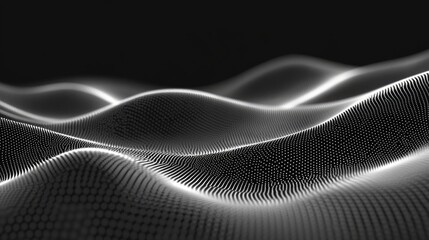 Technology background with connected dots on 3D wave landscape. Data science, particles, digital world, virtual reality, cyberspace, metaverse concept