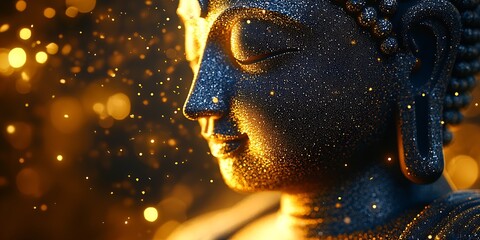 Side Profile of Illuminated Buddha Statue Against Magical Golden Bokeh Background : Generative AI