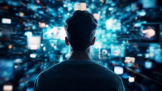 A man exploring the digital world with immersive technology and media in a creative environment