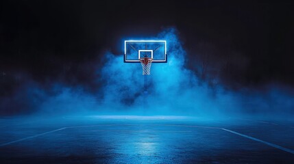 Dramatic basketball hoop in misty court with neon blue lights creating a moody nighttime atmosphere