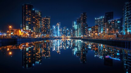 Obraz premium A stunning night view of a modern city skyline reflecting on water, showcasing vibrant lights and contemporary architecture.