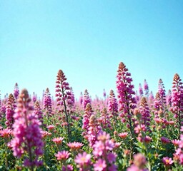 Obraz premium Overhead view of a field of pink heather flowers Calluna vulgaris in full bloom against a bright blue sky, outdoor, botanical garden , pink flowers
