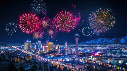 A vibrant city skyline illuminated by colorful fireworks, showcasing a festive celebration at night with stunning urban views.