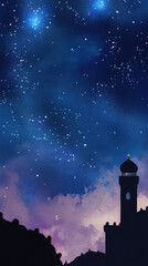 Naklejka premium Majestic Night Sky Over Kaaba Mosque Silhouette