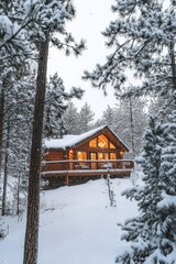 Cozy holiday cabin surrounded by pine trees and soft falling snow