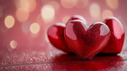 Fototapeta premium Shimmering red hearts on glittering background