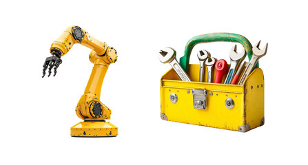 Robotic Arm and Toolbox with Tools on Transparent Background