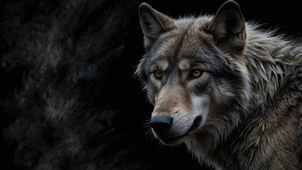 Fototapeta premium Wild Wolf in the Depths of the Wilderness Abstract Dark Background Captured in High Quality Professional Photography