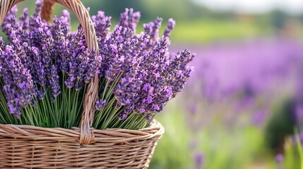 Fototapeta premium Basket of Freshly Harvested Lavender Flowers in Sunlit Field : Generative AI