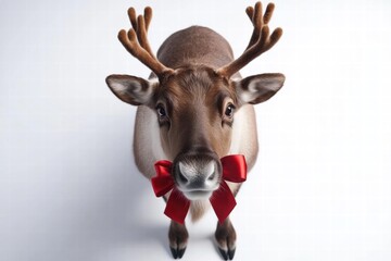 Festive reindeer with red bow studio setting animal photography white background close-up view holiday concept