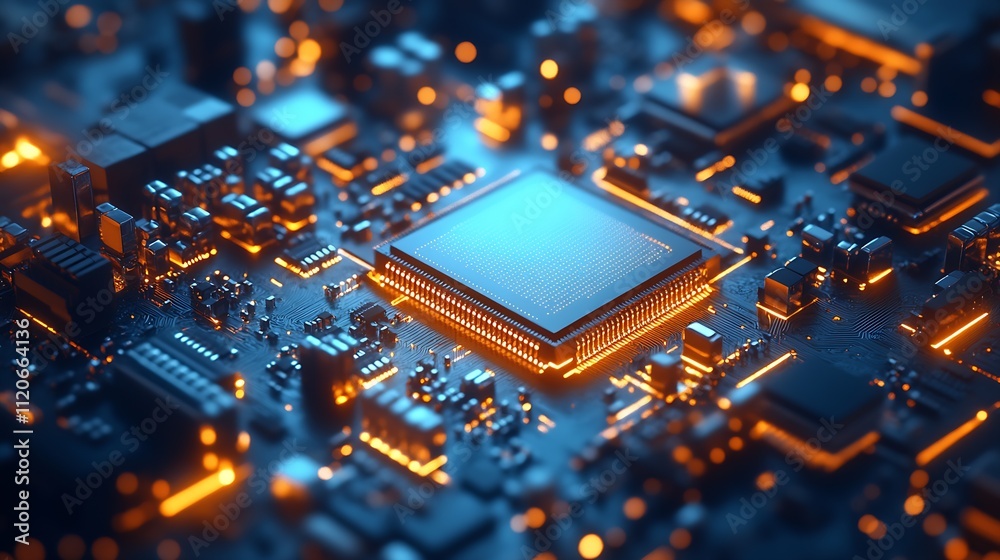 Aufkleber high tech blue and orange motherboard with illuminated digital components : generative ai