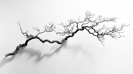 A twisted, bare branch casting shadows on a white surface, emphasizing natural forms.