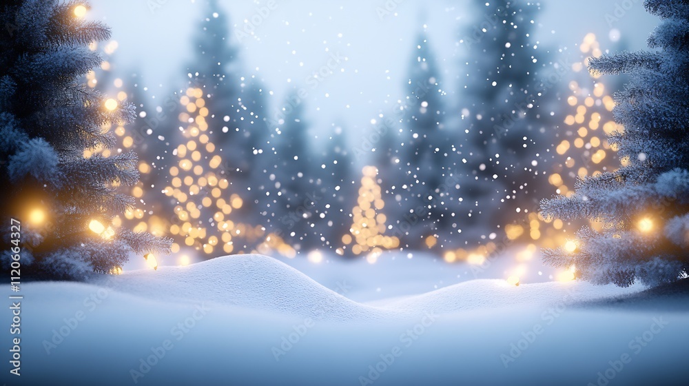 Poster idyllic snowy winter wonderland with festive lights in a forest setting : generative ai